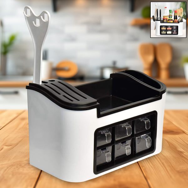 Multifunctional Kitchen Storage Organizer Rack with 6 Spice Containers, Knife & Spoon Holder, and Top Shelf