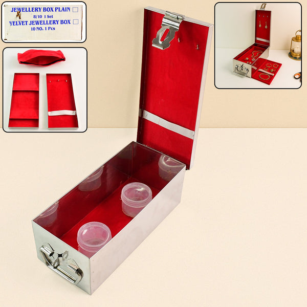 Premium Stainless Steel Velvet Lined Jewellery Storage Box with Lock and Red Interior