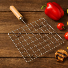 Stainless Steel Square Papad jali, Barbecue Grill Rack with Wooden Handle (1 Pc)