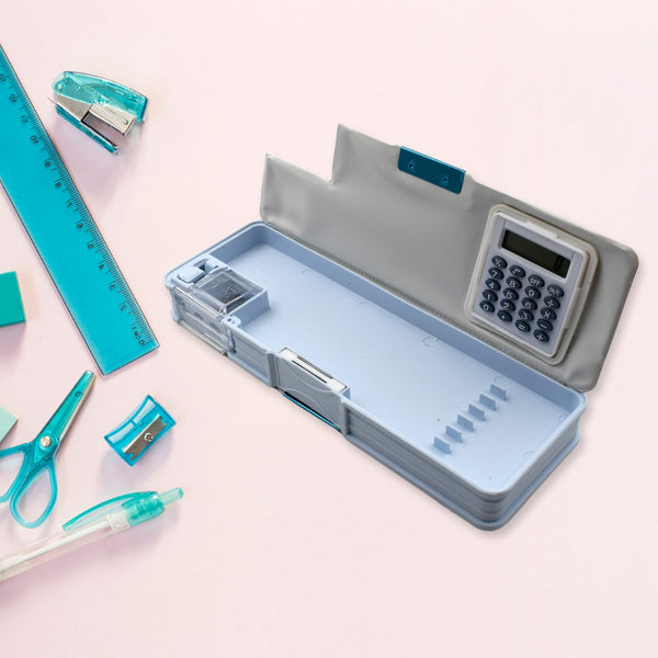 Double Sided Magnetic Geometry Box, Pencil Box with Calculator and Sharpener for Boys Art Plastic Pencil Box for Girls and Boys