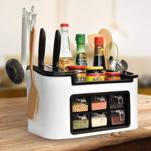 Multifunctional Kitchen Storage Organizer Rack with 6 Spice Containers, Knife & Spoon Holder, and Top Shelf