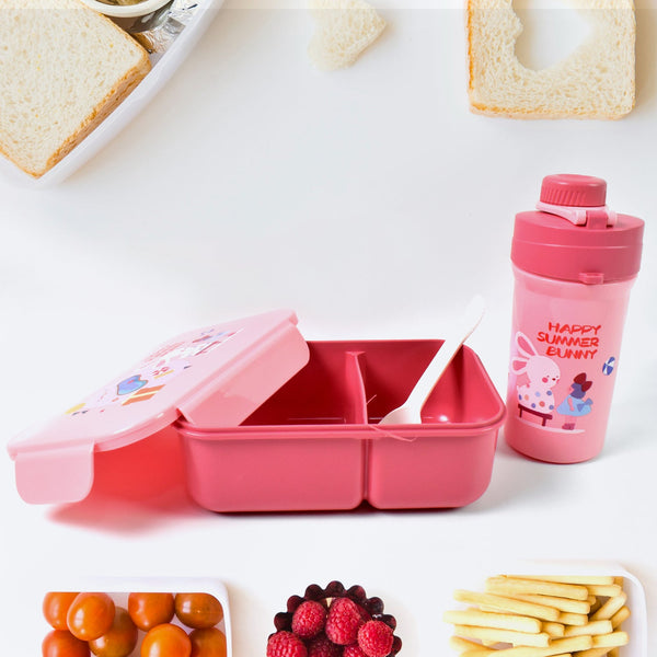 Plastic Lunch Box Leak Proof 2 Compartment with Bottle and Fork (1 Set / Mix Color)