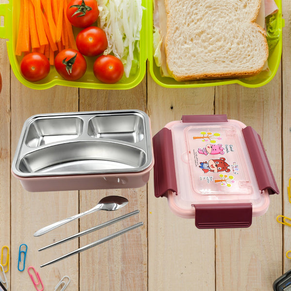 Food‑Safe Materials Kids Lunch Box With steel Spoon & chopsticks Compartment is Designed Made of 304 Stainless Steel Easy to Clean for School for Camping for Work for Home, Office