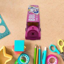 Double Decker Metal Bus Compass Case – 2-Layer with Movable Wheels & Sharpener for Kids