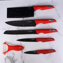 Kitchen Knife Set with Marble-Coated Blades & Red Handles (6 Pc)