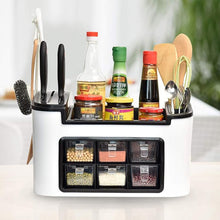 Multifunctional Kitchen Storage Organizer Rack with 6 Spice Containers, Knife & Spoon Holder, and Top Shelf