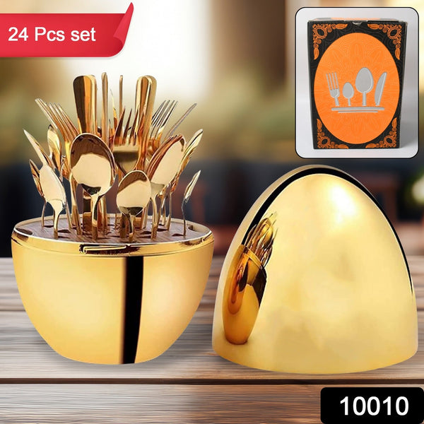 Premium Cutlery Set 24 Pcs with Oval Shaped Stand | Beautiful Stylish Oval Designed Cutlery Sets, Egg-Shaped Luxury Spoon Holder Set (Golden / 24 pcs set)