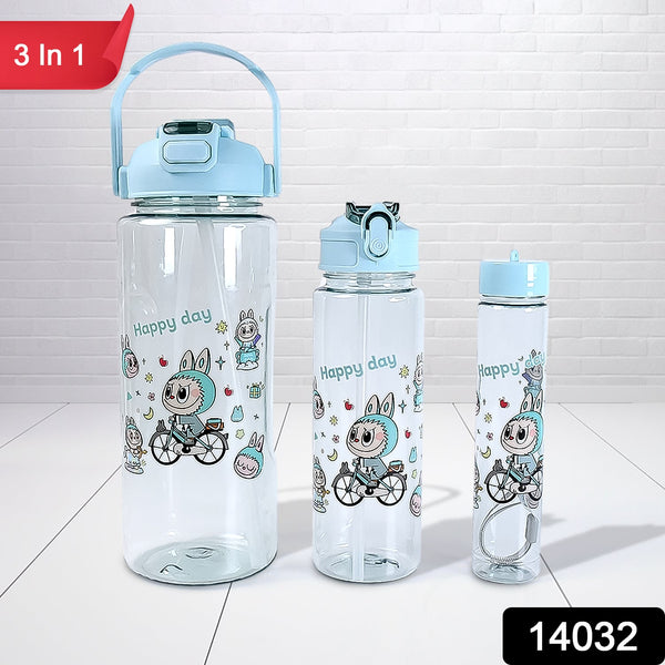 3 in 1 Plastic water drinking bottle with handle straw (3 Pcs Set)
