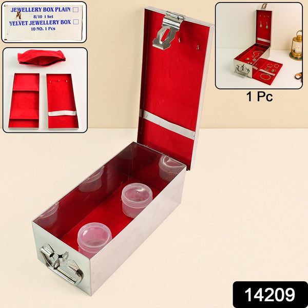 Premium Stainless Steel Velvet Lined Jewellery Storage Box with Lock and Red Interior
