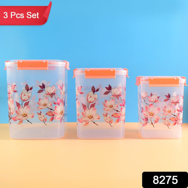 Square 3 Pcs Floral Printed Airtight Storage Container Set – Approx 2.8 Ltr, 4.5 Ltr, 6.9 Ltr (3 Pcs Set)