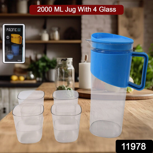 Transparent Stylish Premium Jug with Elegant Handle (2000 ML Jug Approx & 4 Pcs Plastic Glass)