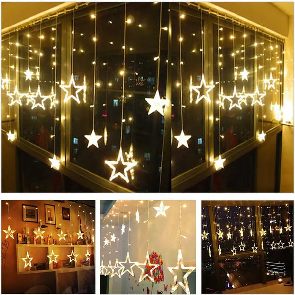 12 Stars LED Curtain String Lights with 8 Flashing Modes for Home Decoration, Diwali & Wedding LED Christmas Light Indoor and Outdoor Light ,Festival Decoration (Warm White / With Box)