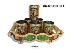 Peacock Design Glass with Handle and Handicraft Serving Tray Set