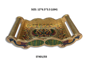 Peacock Design Glass with Handle and Handicraft Serving Tray Set