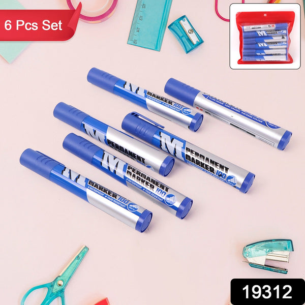 Premium Permanent Blue Marker Pen Set (6 Pcs Set)